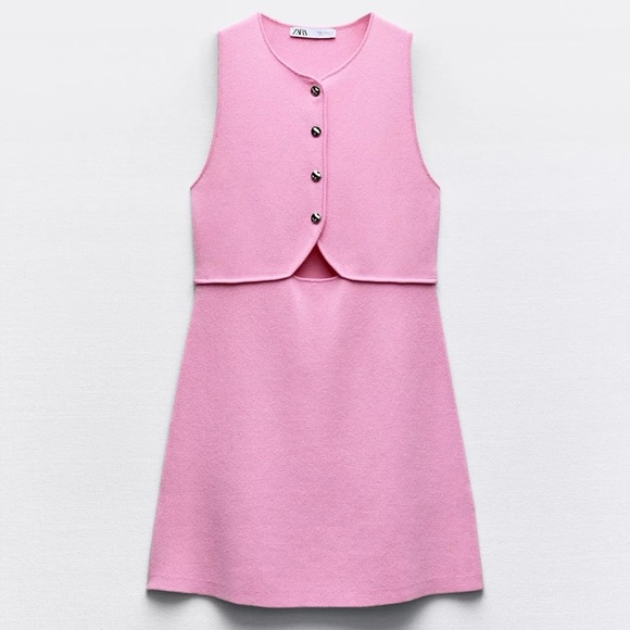 Zara Dresses & Skirts - Zara Cut Out Knit Pink Mini Dress with Buttoned Vest